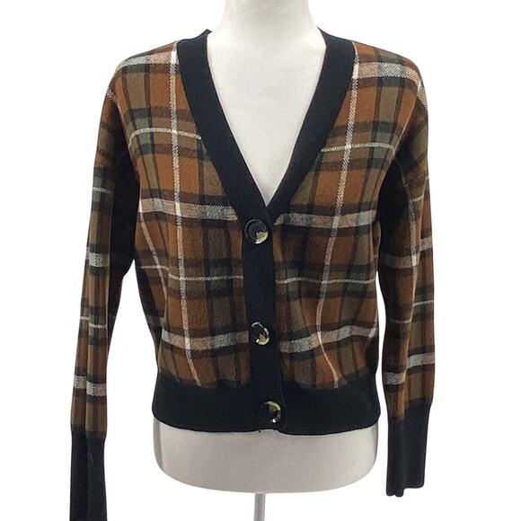 Marled Medium Plaid Button Cardigan Brown Black V-Neck Long Sleeve Soft Stretch - Picture 1 of 13